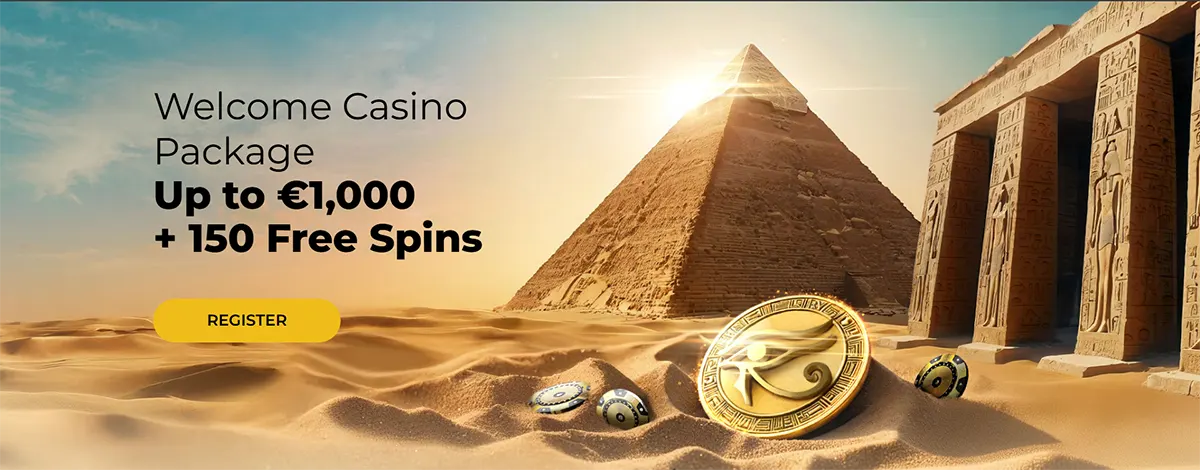 Egypt-themed casino promo banner with a pyramid and temple in the desert, gold coin and chips on sand, offering “Up to €1,000 + 150 Free Spins” with a yellow “Register” button.